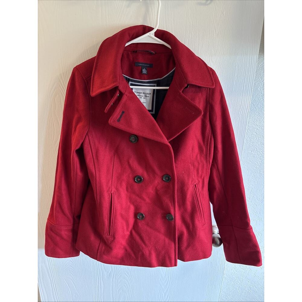 Tommy Hilfiger New York Women's Pea Coat Size 8 Red Wool Blend Double Breasted